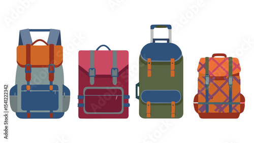 Illustration showing four different types of bags including backpacks and a rolling suitcase side by side