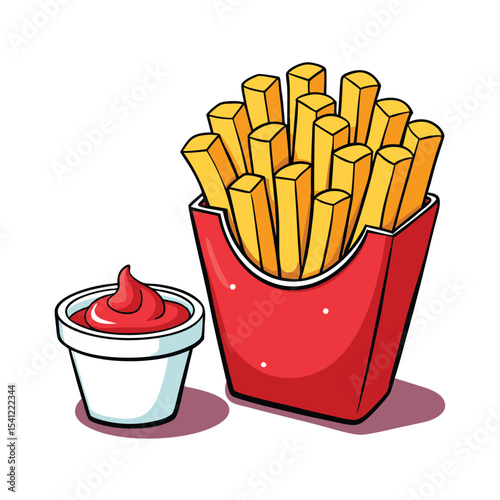 Cartoon French Fries in Red Container with Side of Ketchup, Isolated