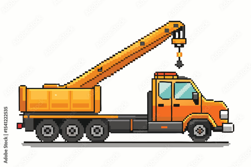 Naklejka premium Pixel Art Crane Truck – Construction Lift Vehicle in 8-bit 16-bit 32-bit Style