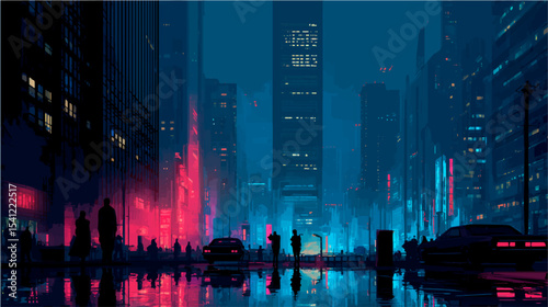 Vector illustration. Night city, modern buildings in the capital with light reflection from puddles on the street. Nightlife concept