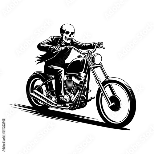 Black and White Illustration of a Skeleton Riding a Classic Chopper Motorcycle, ideal for biker club logos, Halloween themes, or rebellious spirit designs.