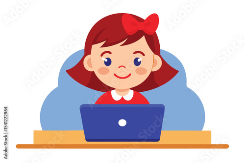 Cartoon Girl with Red Hair and Bow Working on Laptop Computer Illustration