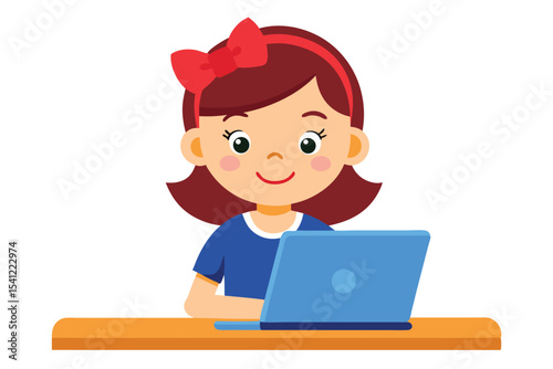 Cartoon Girl with Red Bow Using Laptop on Desk Learning Online