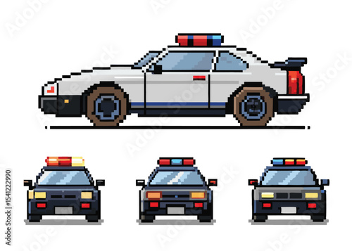 Pixel Art Police Car Sprite – Retro Patrol Vehicle in 8-bit 16-bit 32-bit Pixel Style