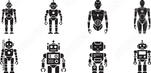 Collection of retro robot icons black silhouettes. eps-10