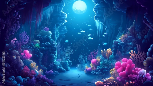 Underwater Cave Scene with Vibrant Coral and Fish