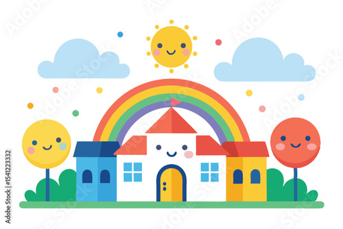 Cartoon Houses Under Rainbow with Smiling Sun, Trees, and Clouds on White Background
