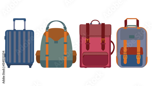 Illustration of four different types of bags including a suitcase and three backpacks in different colors