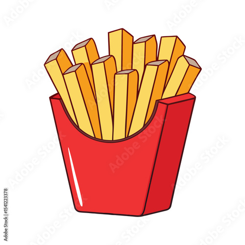 Cartoon Illustration French Fries in a Red Container Against White Background, Detailed Outline