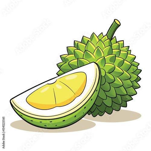 Cartoon Illustration of a Whole Durian and Cut Slice on a White Background