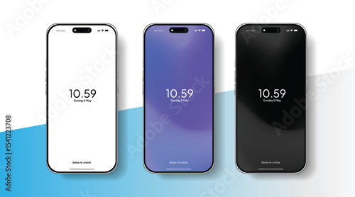 Modern Smartphone Mockup with Blank, Gradient, and Dark Screen – Vector EPS . High-quality vector illustration of three modern smartphones with realistic screens, showcasing blank white, gradient colo