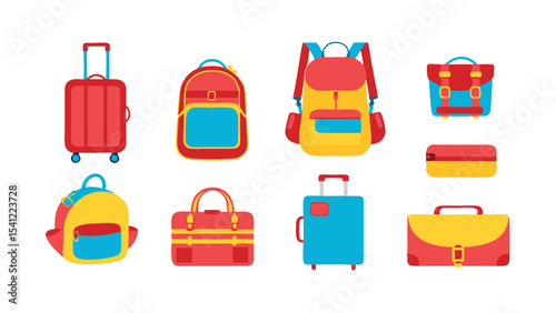Illustration of assorted bags including suitcases, backpacks, and satchels in various colors and styles