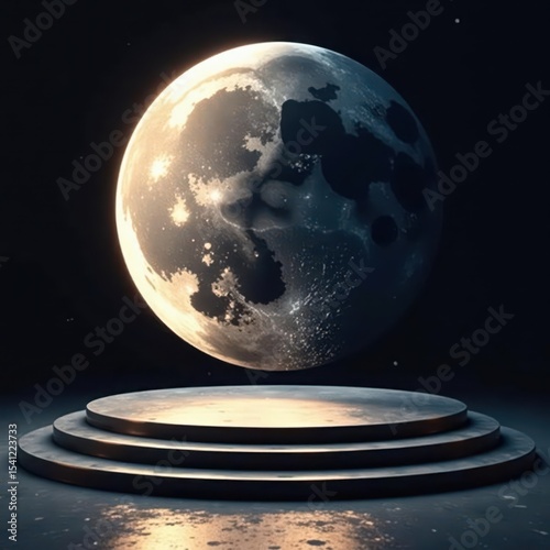 Elevated circular moon platform, metallic texture, shadows, research, metal, sunlight
