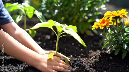 Little boy in a garden. Blonde child, freckled, in denim dungarees, planting vibrant red flowers. Garden setting, natural light. Little girl gardening. Kid outdoor activity. Childhood nature trees