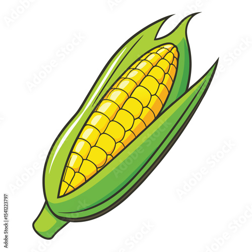 Cartoon Illustration of Ripe Corn on the Cob with Green Husk and Yellow Kernels