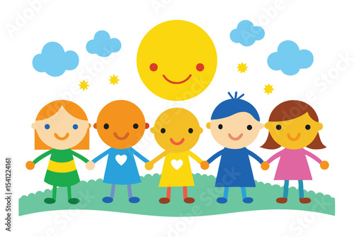 Cartoon Kids Holding Hands Under Smiling Sun, Clouds, and Stars Illustration