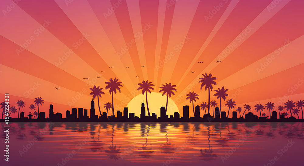 Fototapeta premium Beautiful Sunset Over Cityscape with Palm Trees and Water Reflection
