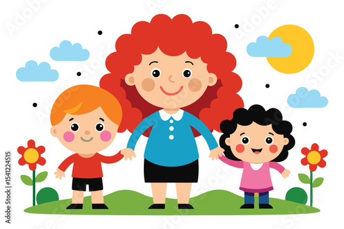 Cartoon Mother Holding Hands with Boy and Girl in a Sunny Field Illustration