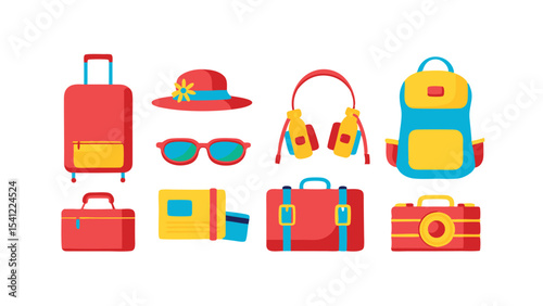 Illustration of travel essentials including luggage, hat, sunglasses and backpack for vacation