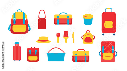 Illustration of various travel and picnic items including bags suitcases and picnic accessories displayed