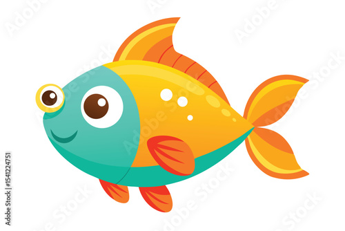Cartoon of a Cheerful Fish with Blue Head, Yellow Body, and Orange Fins