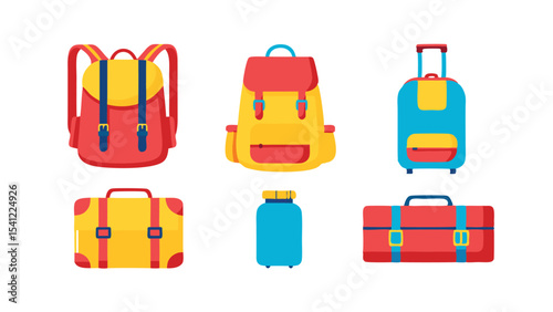 Illustration of a collection of colorful luggage items including backpacks and suitcases displayed together