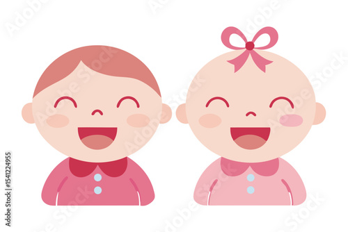 Cartoon of Smiling Boy and Girl Babies Wearing Pink Outfits with Rounded Features