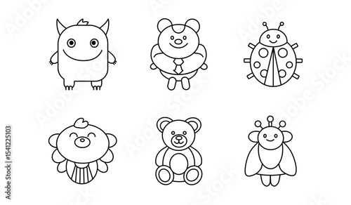 A charming set of outline icons featuring various cute characters and toys like a monster, bear, ladybug, and teddy bear. Perfect for children's books, games, or educational materials.