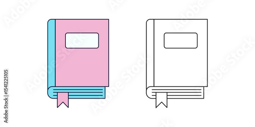 Outline and colored icons of a closed book with a bookmark. Ideal for education, learning, libraries, literature, e-books, and academic themes.