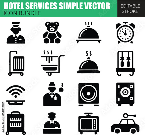 Essential Hotel Service Icon Bundle – Flat Vector Icons for Travel Reservations, Guest Comfort, and Hospitality Interfaces