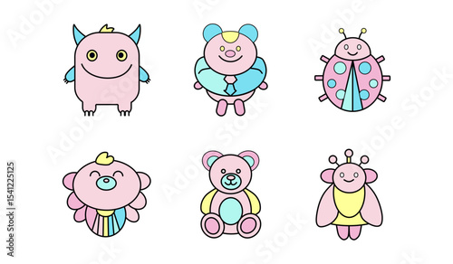  A charming set of vibrantly colored icons featuring various cute characters and toys like a monster, bear, and ladybug. Perfect for children's designs, games, and playful themes.