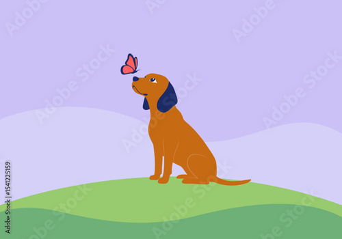 A dog sitting on a hilltop with a butterfly resting on its nose minimal vector. 
