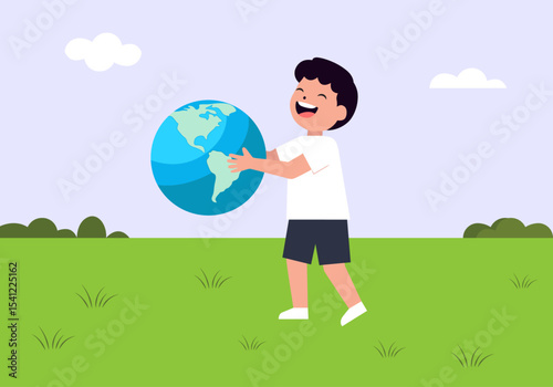 A child playing joyfully with a globe of the Earth minimal vector.