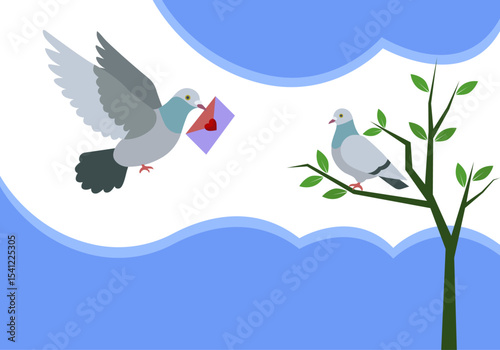 A pigeon sitting on a tree branch while another flies in carrying a love letter minimal vector. 
