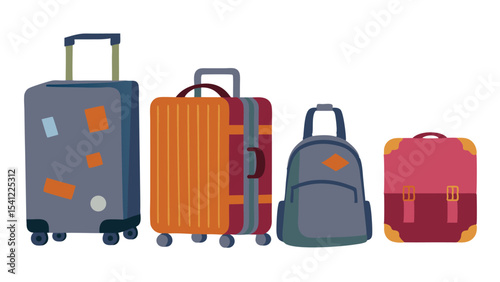 Illustration of four pieces of luggage including suitcases and a backpack ready for a vacation trip