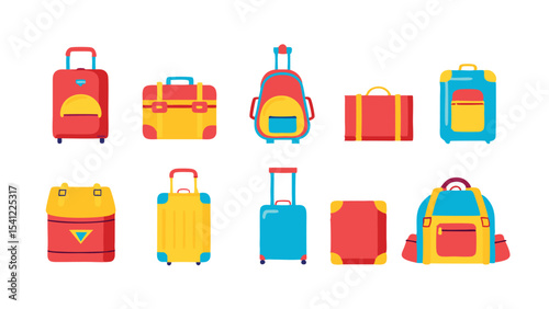 Collection of ten colorful suitcases and backpacks for travel and vacation on a white background