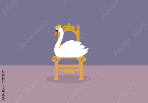 A royal swan wearing a crown and sitting on a king's throne minimal vector.