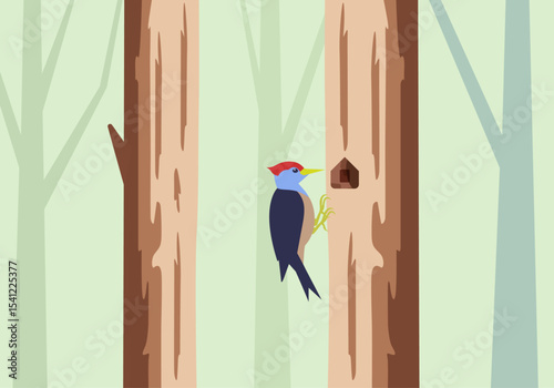 A woodpecker pecking a tree to build its nest minimal vector. 