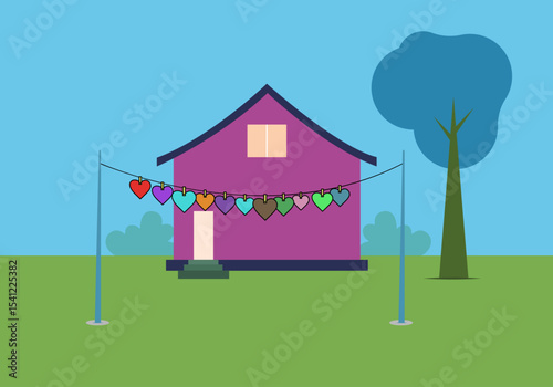 Heart-shaped items drying in the sun in front of a house minimal vector. 