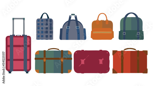Illustration of various types of luggage including suitcases and duffel bags arranged in two rows
