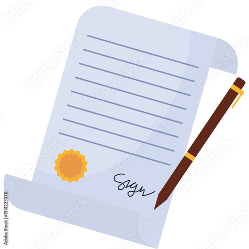 Law Element. Vector illustration of A signed legal document outlining obligations, agreements, and rights enforceable by law between parties. Isolated on background
