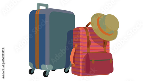 Illustration of a blue suitcase with wheels next to a backpack with a hat on top ready for travel