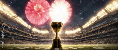 A stunning American football trophy gleams in the stadium's middle as fireworks burst, commemorating the championship triumph under the stars.