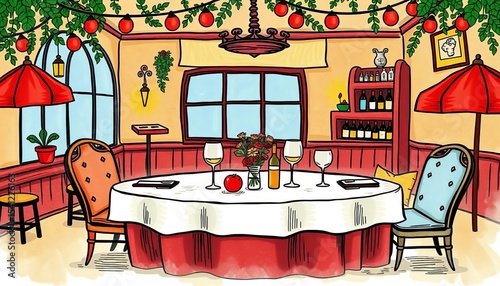 Whimsical hand-drawn Italian restaurant dinner table setting, quirky style wedding invitation ,  dinner,  charming