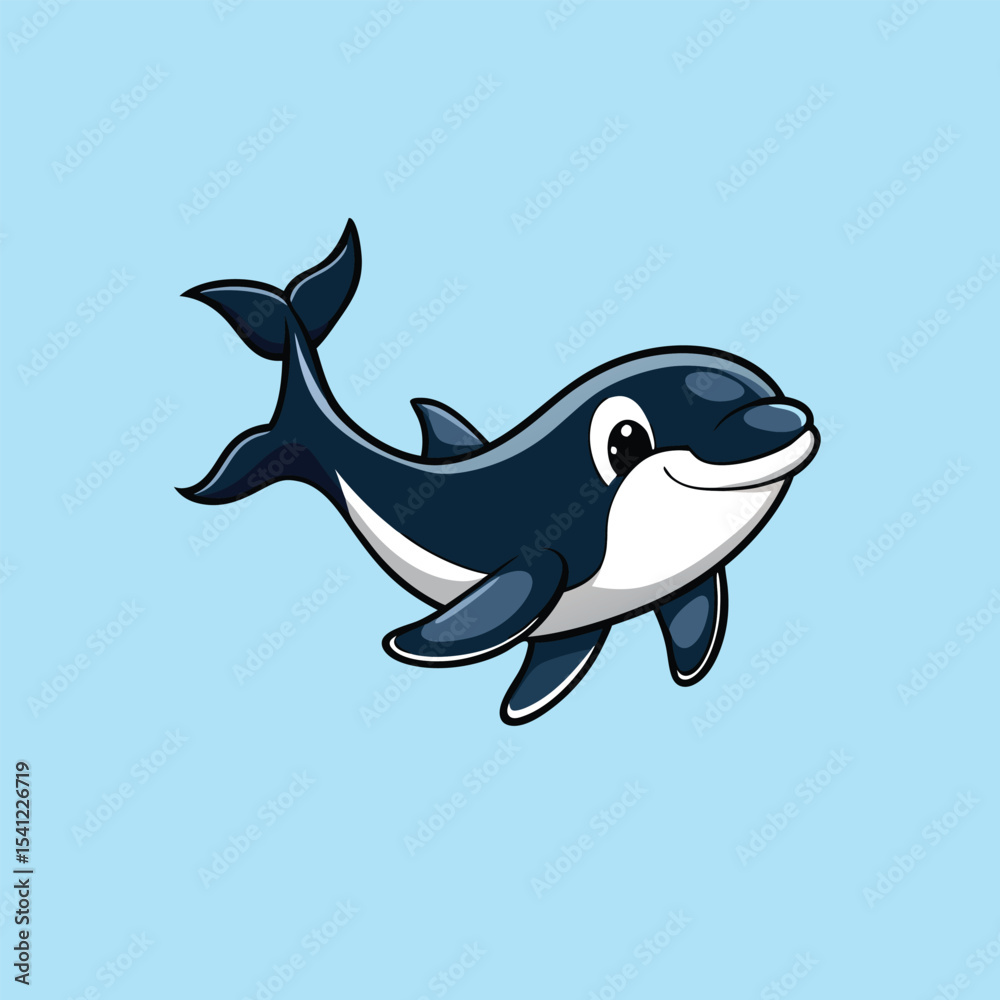 Fototapeta premium Cartoon Orca Illustration Swimming Killer Whale Character on Light Blue Background, Style