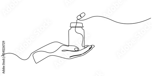 hand holds medicine bottle continuous one line drawing, Continuous one line drawing of Hand holding medicine bottle. simple medical drugs pharmacy care line art vector illustration, continuous line