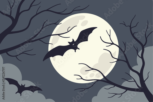 Creepy Halloween Moon and Bat Silhouettes