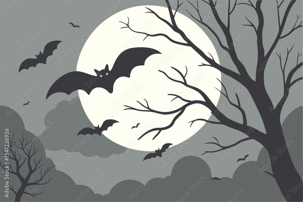 Naklejka premium Halloween Scene: Moon, Clouds, and Flying Bats 