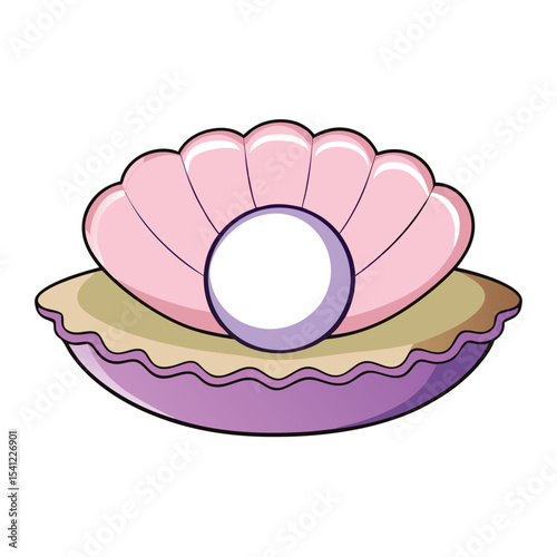 Cartoon Pearl Inside a Pink and Tan Clamshell with Purple Accents, Isolated