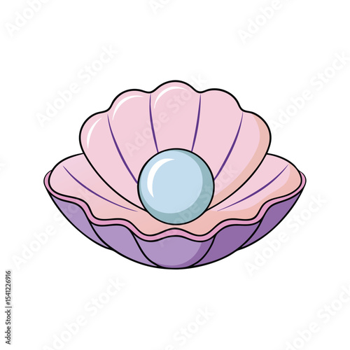 Cartoon Oyster Shell with Round Pearl Inside, Pink and Purple Color Scheme